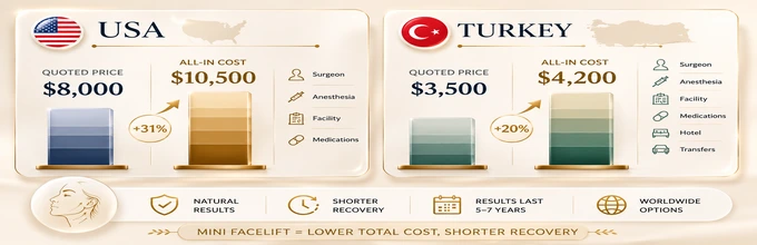 Mini facelift total cost breakdown — quoted price vs all-in cost, US vs Turkey