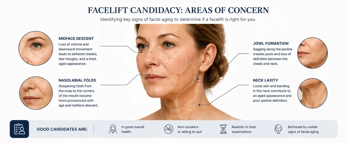 Facelift candidacy — midface descent zones, jowl formation and nasolabial fold depth illustration
