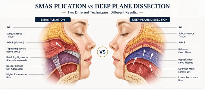 SMAS plication vs deep plane dissection — side-by-side cross-section comparison diagram