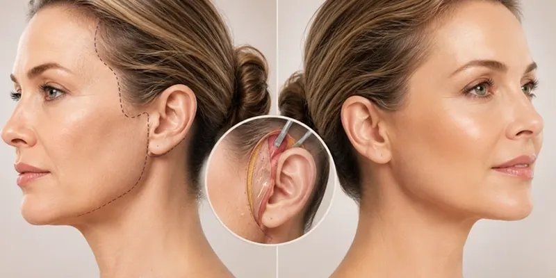 Facelift types overview — before and after profile showing jawline rejuvenation and incision placement