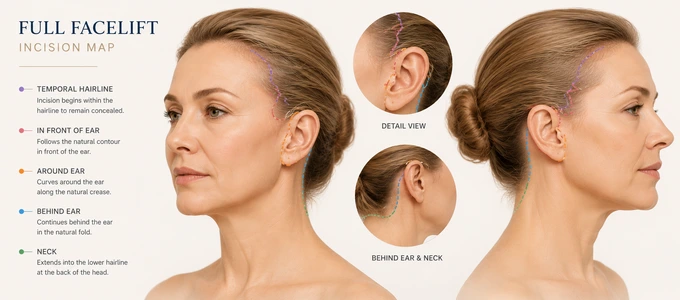 Full facelift incision map — front ear, behind ear, temporal hairline and neck