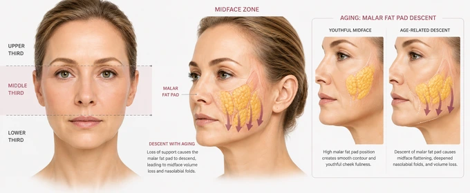 Facial thirds illustration — midface zone with malar fat pad descent