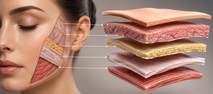 Facial anatomy cross-section — skin, SMAS and muscle layers
