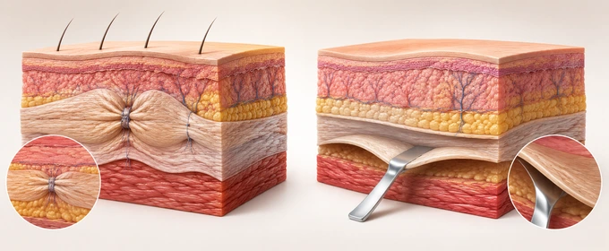 SMAS plication vs deep plane dissection — side-by-side cross-section comparison