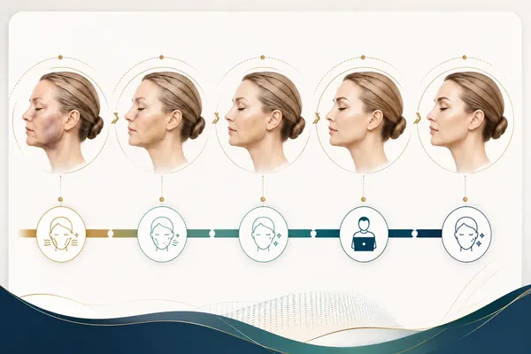 Facelift recovery timeline infographic — day-by-day healing stages from surgery to final results
