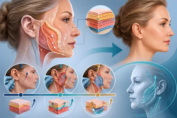 Facial anatomy cross-section — SMAS layer and deep plane tissue layers beneath the skin