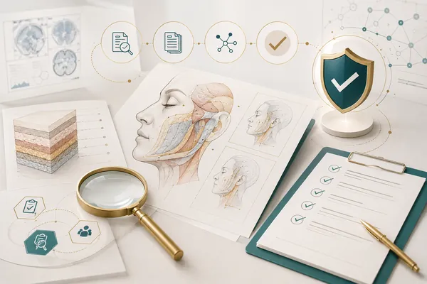 Medical review process — editorial team verifying facelift health content with a board-certified surgeon