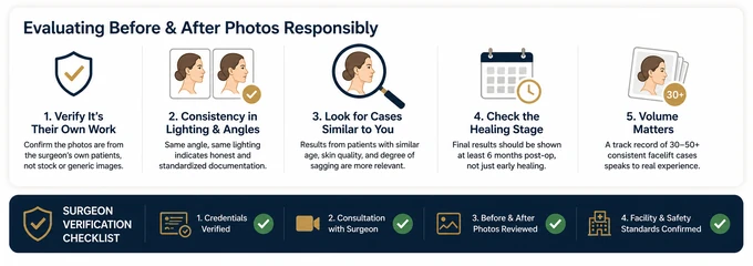 Checklist for evaluating facelift before and after photos from a surgeon